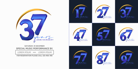 anniversary logotype set vector, blue and golden color with swoosh for special day celebration