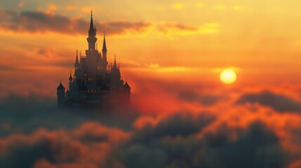 A mystical castle rises above clouds at sunrise, creating a dreamy and magical scene reminiscent of fairy tales and fantasy worlds.