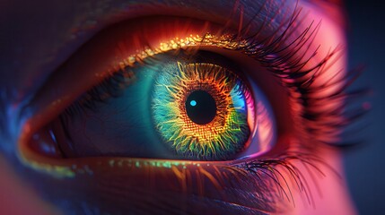 Vibrant close-up of a colorful eye, reflecting a spectrum of light, highlighting intricate details and beauty of the iris. Futuristic and captivating.