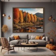 Painting in a frame hanging on the wall in a modern interior.
