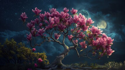 An arrangement of delicate  red cherry blossoms with dark, twisting branches set against a deep twilight sky, blending the softness of the petals with the moodiness of the backdrop.