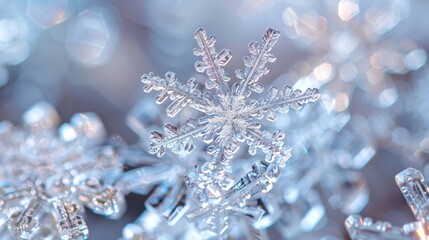 Macro shot of an intricate snowflake with sharp details, set against a blurred, icy blue background.