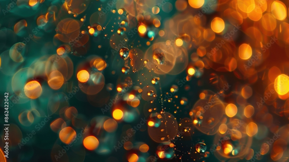 Poster abstract image of orange and green bokeh lights with water droplets, creating a vibrant and dynamic 