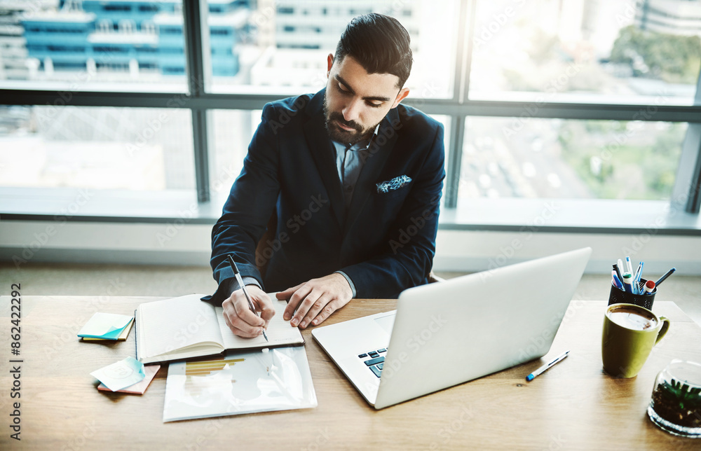 Leinwandbilder laptop, writing notes and businessman in office for financial analysis, company review and data anal