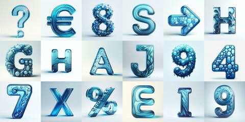 Blue transparent glass 3D Lettering Typeface. AI generated illustration