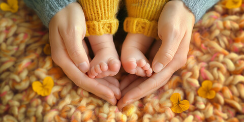 Obraz premium Close Up of Mother's Hands Holding Newborn Baby Feet on Knitted Blanket with Yellow Flowers