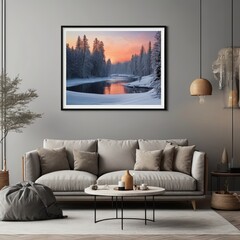 Painting in a frame hanging on the wall in a modern interior.