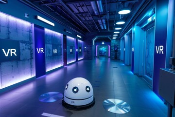 Robotic assistant navigating a high tech corridor with VR signs, showcasing advanced automation and futuristic digital interactions in a blue lit environment