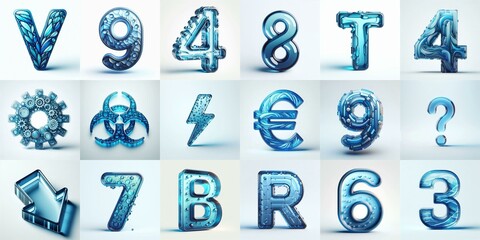 Blue transparent glass 3D Lettering Typeface. AI generated illustration
