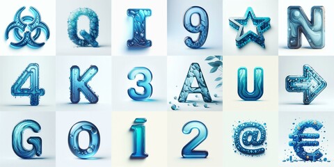 Blue transparent glass 3D Lettering Typeface. AI generated illustration