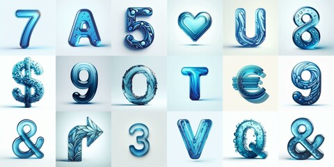 Blue transparent glass 3D Lettering Typeface. AI generated illustration