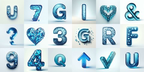 Blue transparent glass 3D Lettering Typeface. AI generated illustration