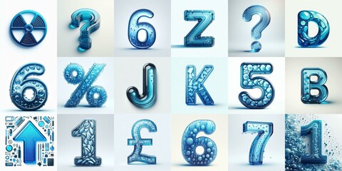 Blue transparent glass 3D Lettering Typeface. AI generated illustration