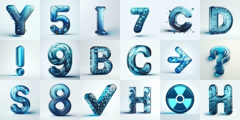 Blue transparent glass 3D Lettering Typeface. AI generated illustration