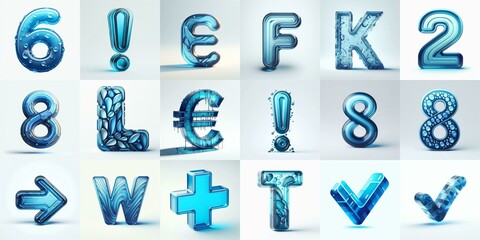 Blue transparent glass 3D Lettering Typeface. AI generated illustration