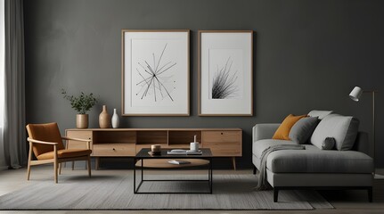 Blank picture frame mockup on gray wall White living room design.generative.ai