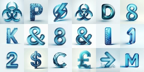Blue transparent glass 3D Lettering Typeface. AI generated illustration