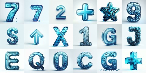 Blue transparent glass 3D Lettering Typeface. AI generated illustration