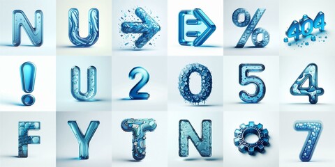 Blue transparent glass 3D Lettering Typeface. AI generated illustration