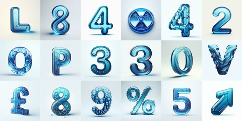 Blue transparent glass 3D Lettering Typeface. AI generated illustration