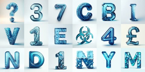 Blue transparent glass 3D Lettering Typeface. AI generated illustration