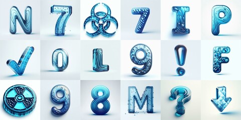 Blue transparent glass 3D Lettering Typeface. AI generated illustration