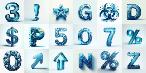 Blue transparent glass 3D Lettering Typeface. AI generated illustration