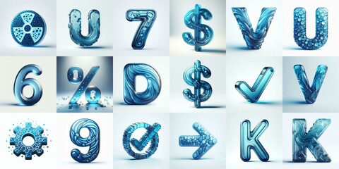 Blue transparent glass 3D Lettering Typeface. AI generated illustration