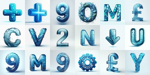 Blue transparent glass 3D Lettering Typeface. AI generated illustration