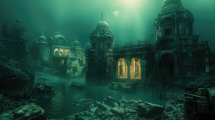 A mystical scene featuring beautifully lit ruins submerged underwater, surrounded by glowing green water and scattered debris.