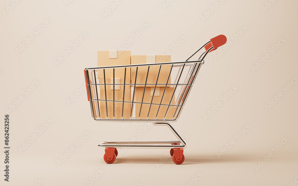 Poster realistic shopping cart with box inside, 3d rendering.