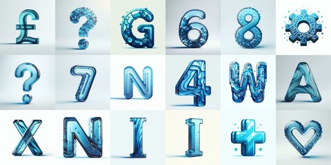 Blue transparent glass 3D Lettering Typeface. AI generated illustration