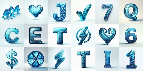 Blue transparent glass 3D Lettering Typeface. AI generated illustration