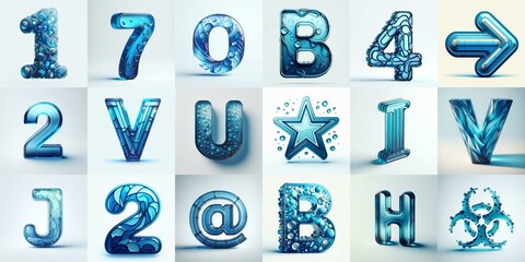 Blue transparent glass 3D Lettering Typeface. AI generated illustration