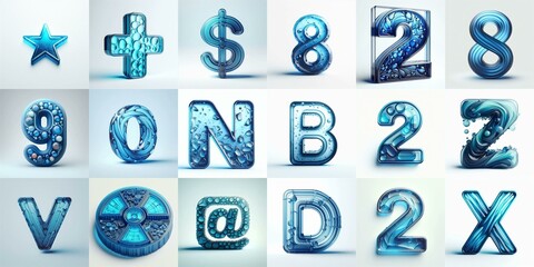 Blue transparent glass 3D Lettering Typeface. AI generated illustration