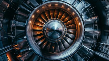 Top view of a large turbine engine, illustrating the precision and power of modern industry, raw and detailed, cutting-edge technology