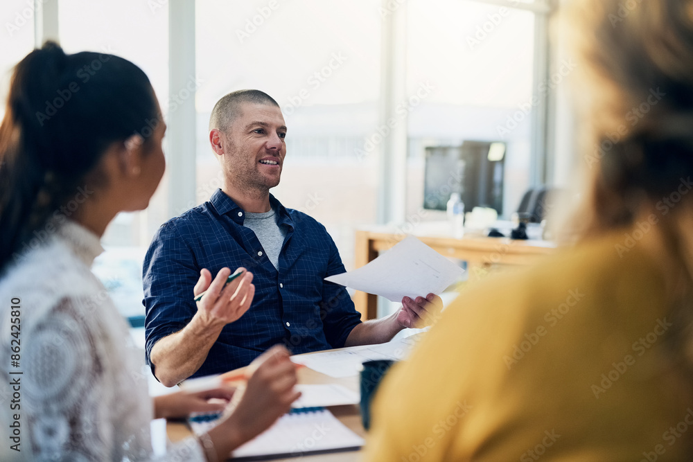 Poster man, business people and startup with documents with group, discussion and planning in modern office