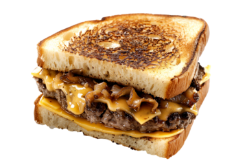 Patty Melt Hamburger with black beans, vegetables and spices isolated on transparent white background.