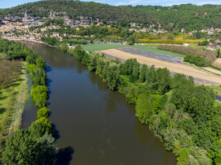Aerial view on Dordogne river near   .La Roque-Gageac village located in Dordogne department in...