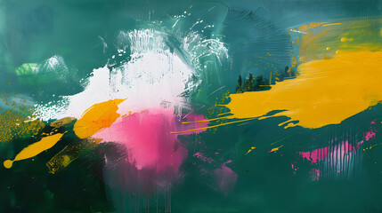 Contemporary artwork with bold colors against a deep emerald green background, where saffron yellow, cerise pink, and forest green splashes blend in a lush pool