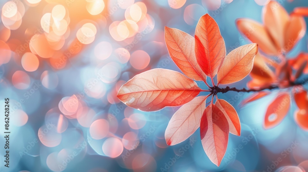 Poster bright red leaves on a branch with a soft, colorful bokeh background, creating a serene and vibrant 