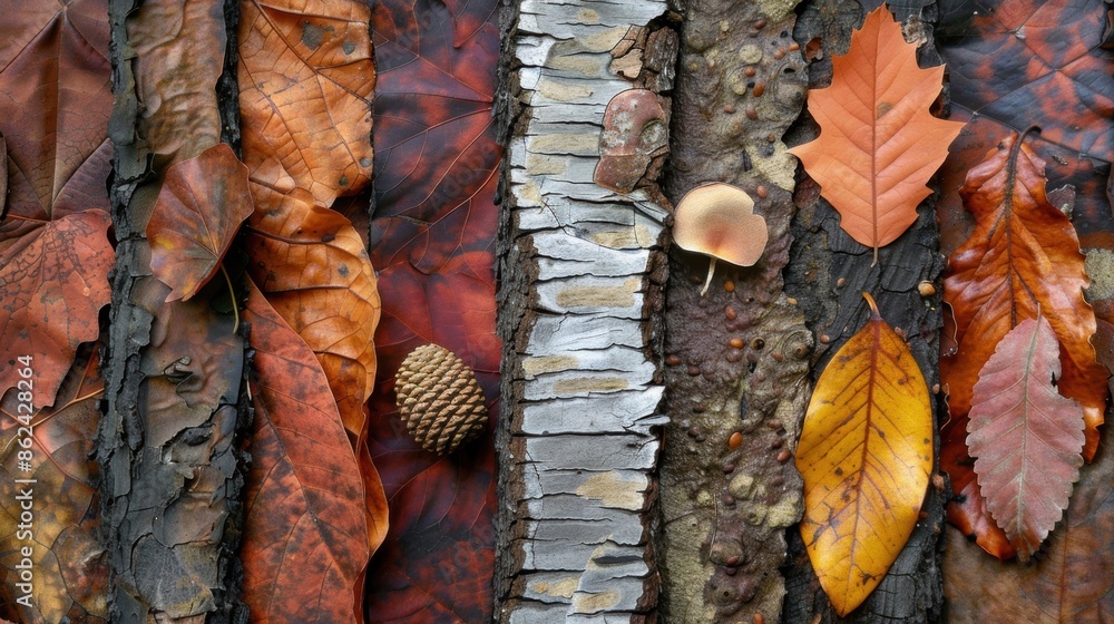 Poster close-up of various autumn leaves and textured tree bark, showcasing a mix of natural patterns and e