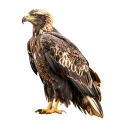 Obraz premium Majestic brown eagle with sharp eyes and detailed feathers perched on a branch against isolated on transparency background, PNG cut out. High-resolution wildlife photo.
