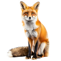 Fototapeta premium A captivating image of a sitting red fox isolated on transparency background, PNG cut out, displaying its lush fur and striking eyes, set against , perfect for wildlife themes.
