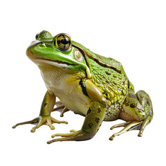 Obraz premium A close-up stock photo of a vibrant green frog isolated on transparency background, PNG cut out, showcasing its textured skin and detailed features, .