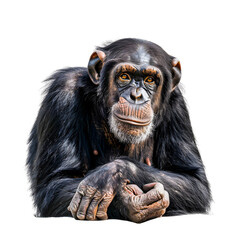 Fototapeta premium Close-up portrait of a chimpanzee with a thoughtful expression. Perfect for wildlife isolated on transparency background, PNG cut out, animal behavior, and conservation themes.