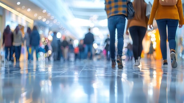 Blurred motion view of people walking through a bustling, well-lit shopping mall with reflective floors and bright lights.