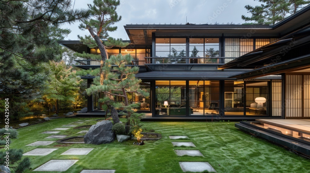 Poster a large house with a tree in the yard. generate ai image