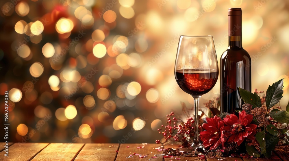Poster wine glass and bottle set against a festive bokeh background with red flowers, creating a warm and i