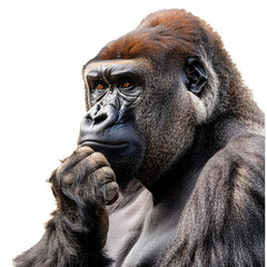 Obraz premium Close-up of a thoughtful gorilla with a hand on its chin isolated on transparency background, PNG cut out, conveying deep contemplation and intelligence.